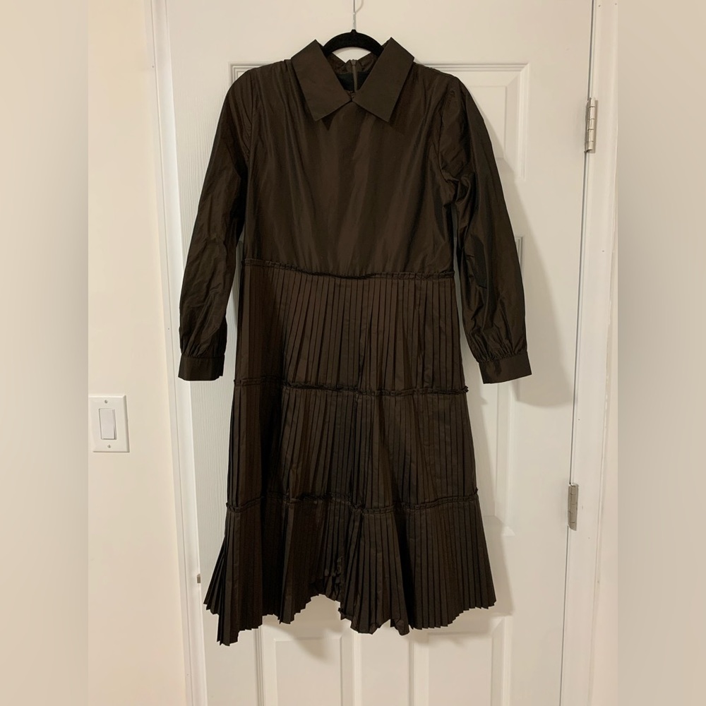 Brown Satin tiered knee length dress with pleated detailing and collar